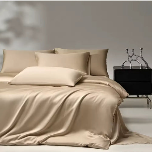 VELVYY mulberry silk bed sheet set in Champagne — 22-momme pure silk bedding