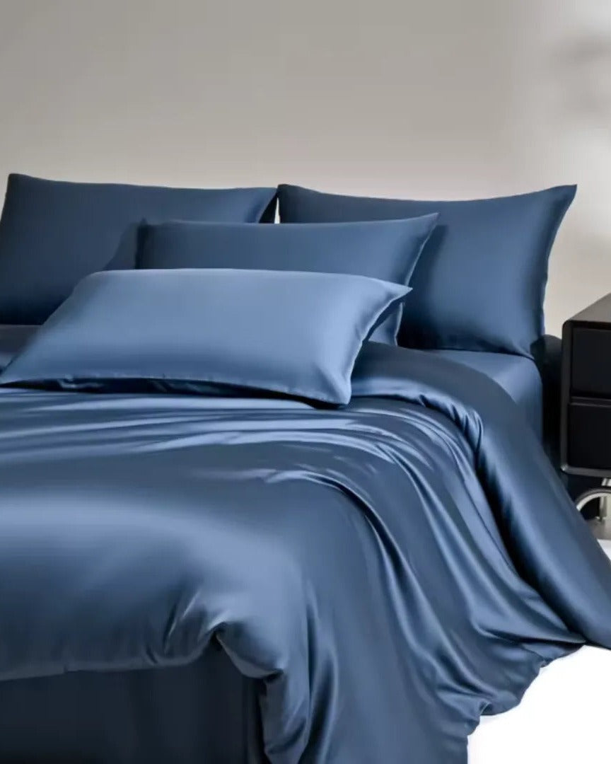 VELVYY mulberry silk bed sheet set in Dark Blue — 22-momme pure silk bedding