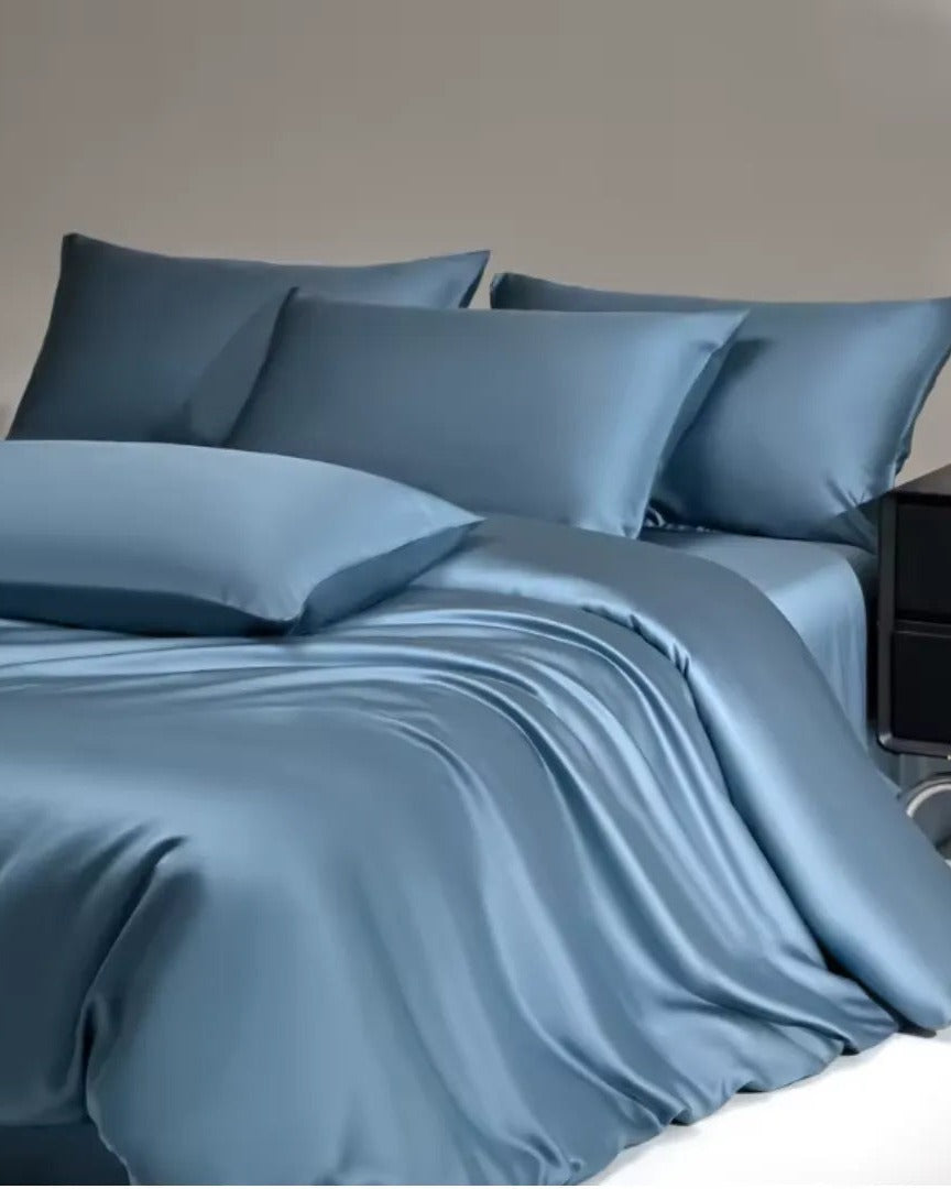 VELVYY mulberry silk bed sheet set in Haze Blue — 22-momme pure silk bedding