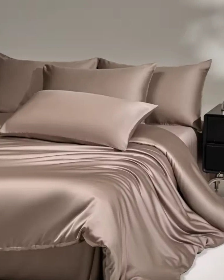 VELVYY mulberry silk bed sheet set in Khaki — 22-momme pure silk bedding