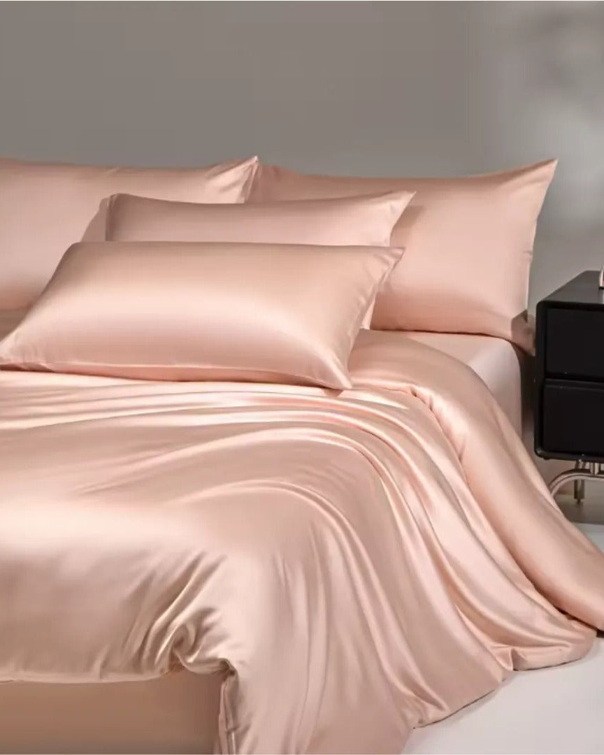 VELVYY mulberry silk bed sheet set in Peachy Pink — 22-momme pure silk bedding