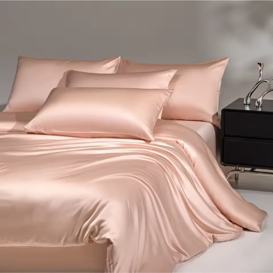 VELVYY mulberry silk bed sheet set in Peachy Pink — 22-momme pure silk bedding