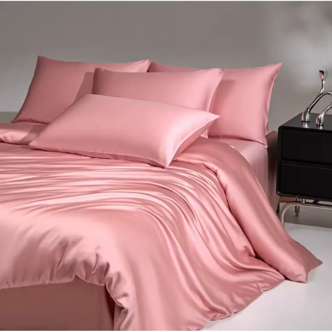 VELVYY mulberry silk bed sheet set in Pink — 22-momme pure silk bedding