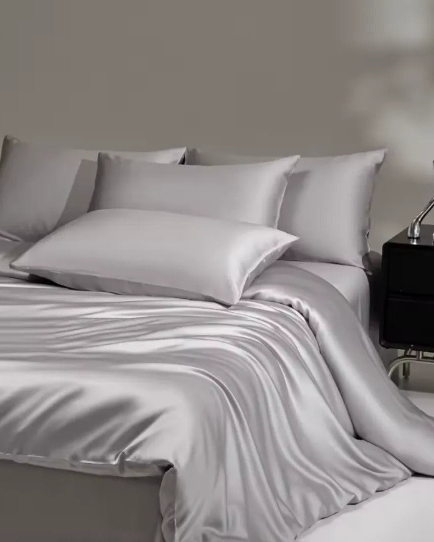 VELVYY mulberry silk bed sheet set in Silver Grey — 22-momme pure silk bedding