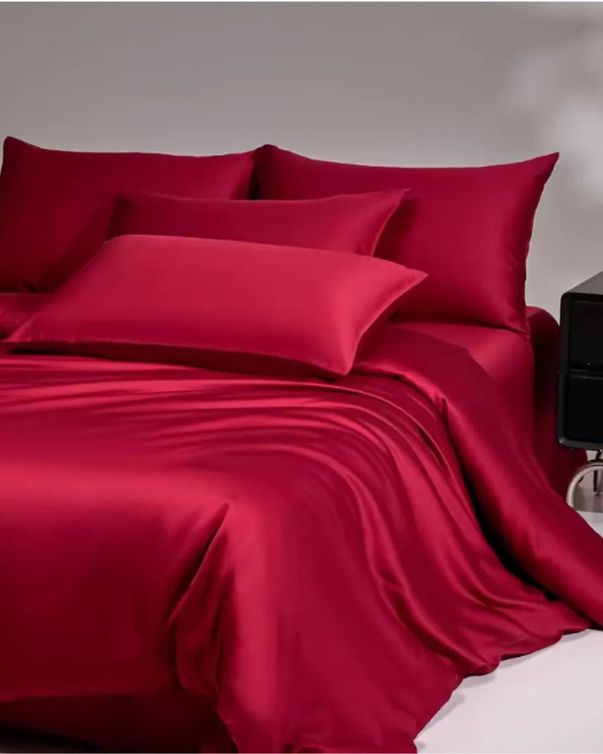 VELVYY mulberry silk bed sheet set in Wine Red — 22-momme pure silk bedding