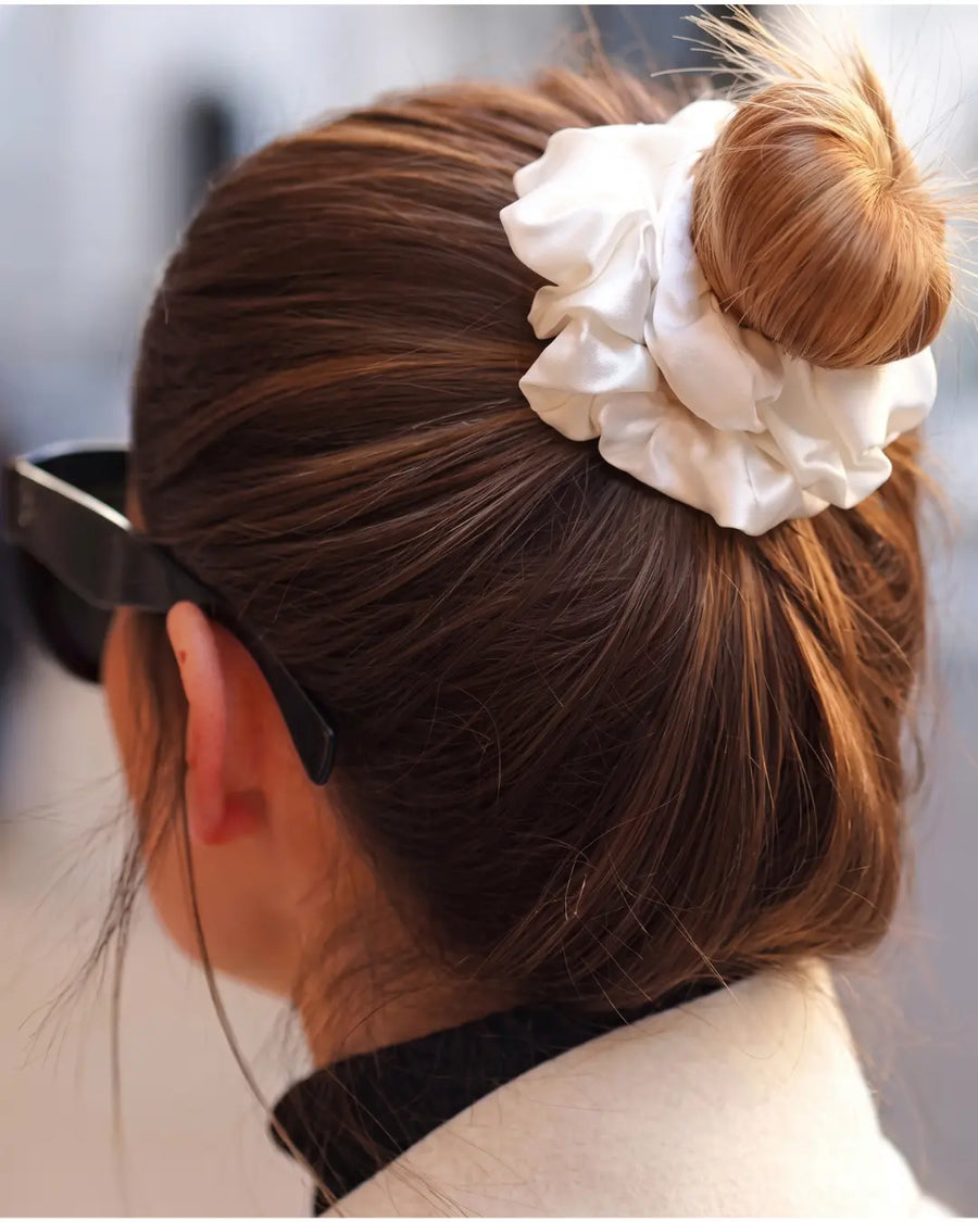 VELVYY mulberry silk scrunchies in White — gentle, no-crease hair ties (6-pack)