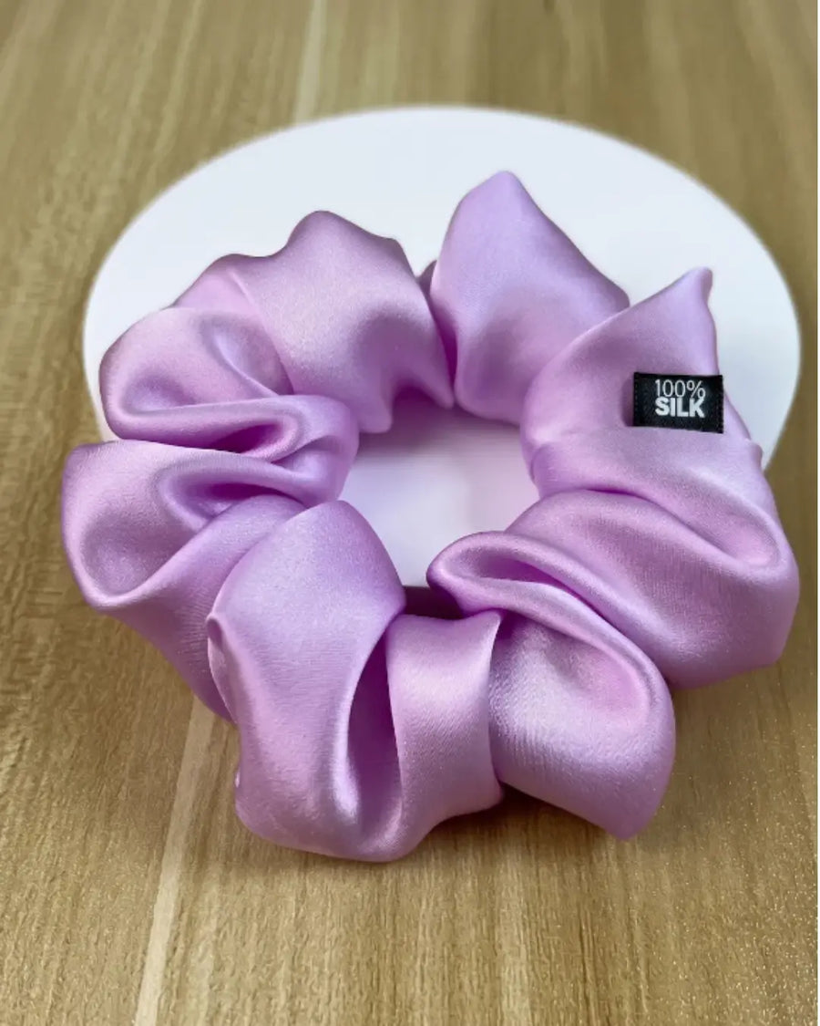 VELVYY mulberry silk scrunchie in Violet — smooth, breakage-free hair tie