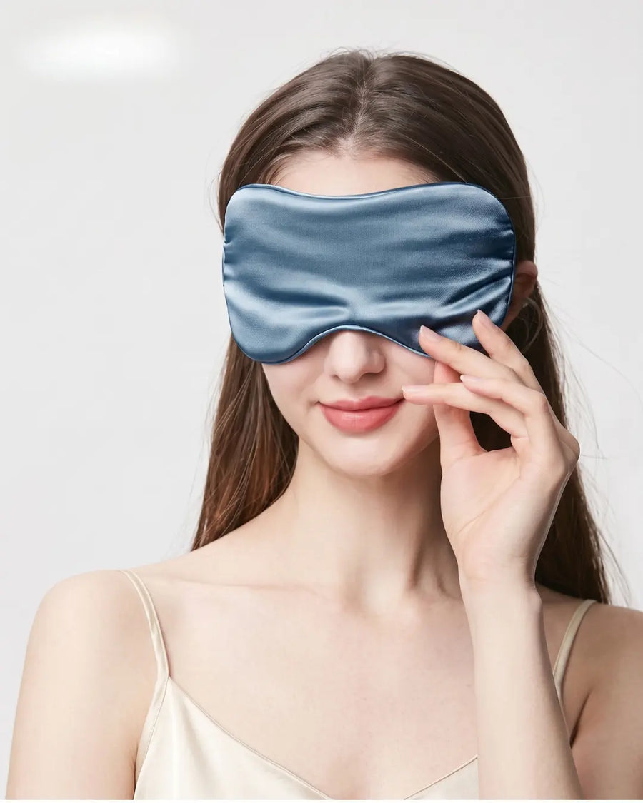 VELVYY 22-momme mulberry silk sleep mask in Hazy Blue — hypoallergenic eye mask