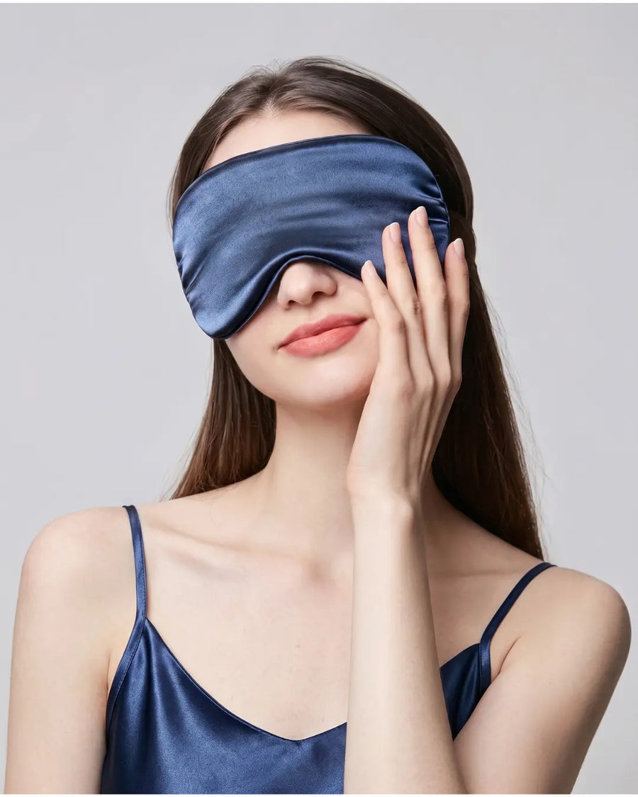 VELVYY 22-momme mulberry silk sleep mask in Navy — hypoallergenic eye mask