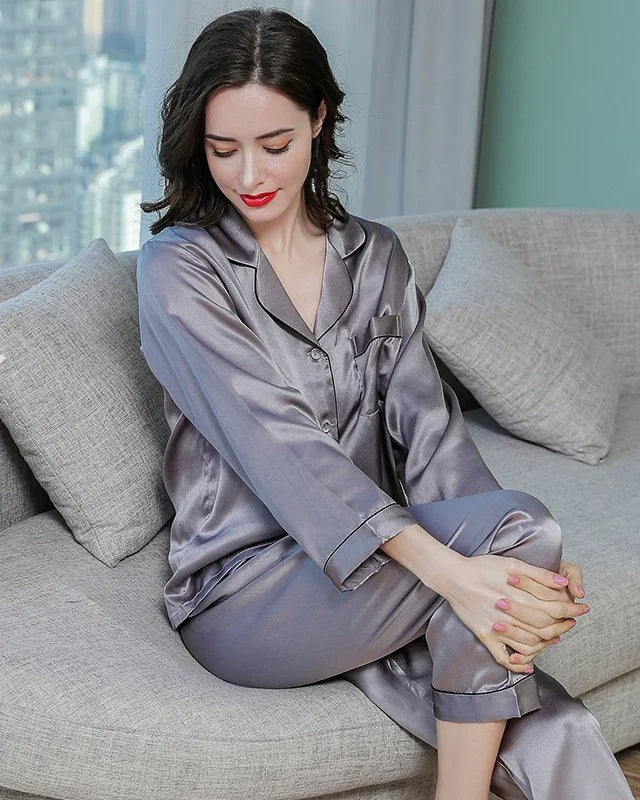 VELVYY silk pajama set in Silver Grey — long-sleeve mulberry silk sleepwear