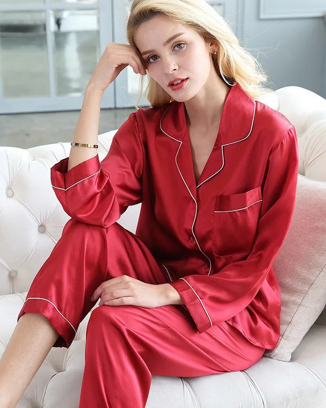 VELVYY silk pajama set in Wine — long-sleeve mulberry silk sleepwear